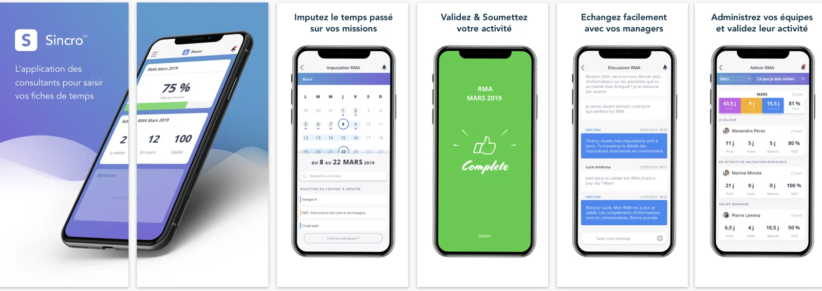 Écrans de l’application mobile Sincro